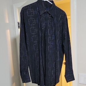 Bugatchi Uomo Black Geometric Pattern Shirt Size L (Approx 16.5/34)
